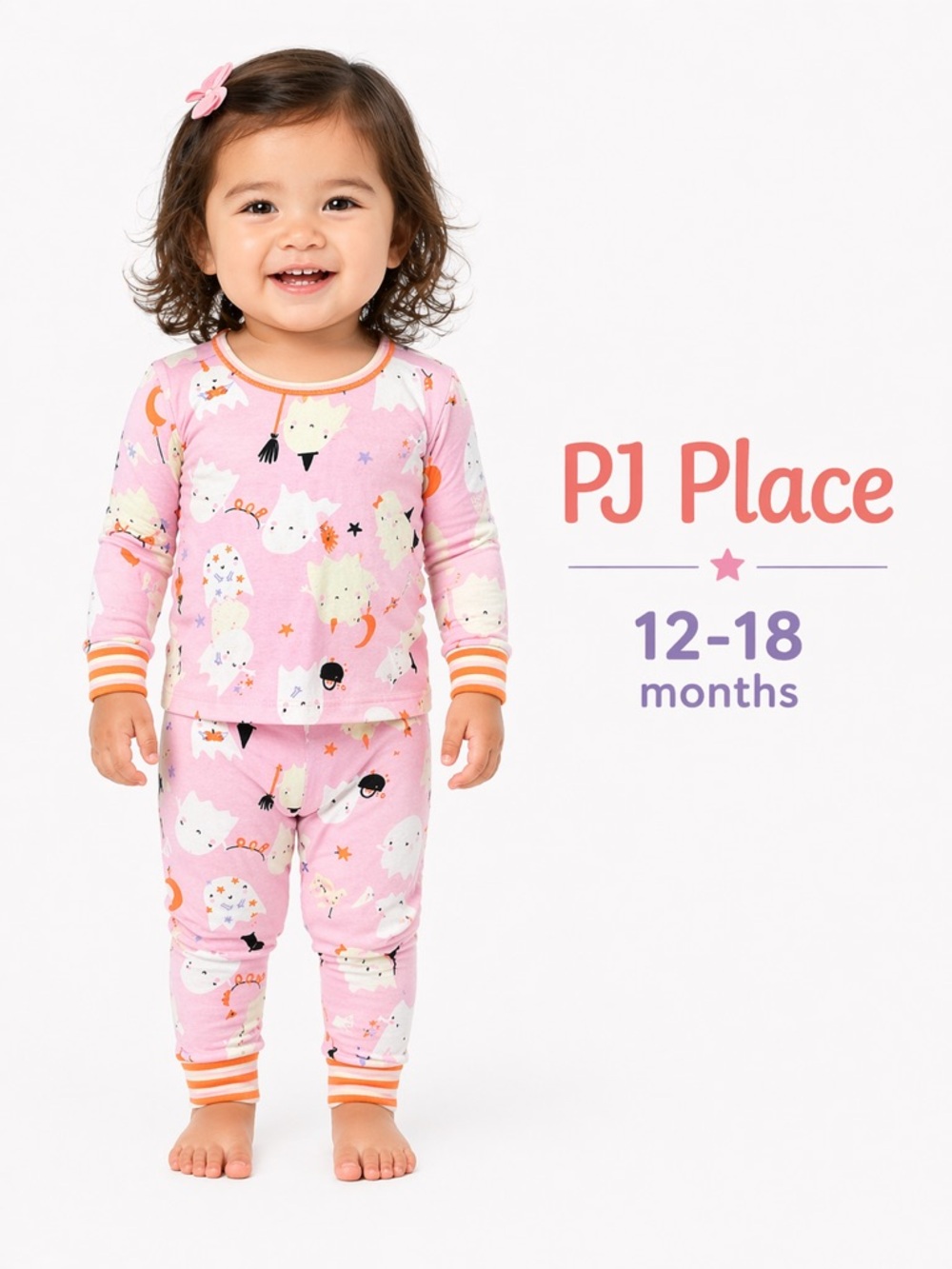 PJ Place Ghost Print Pajama Set 12-18M Pink 100% Cotton